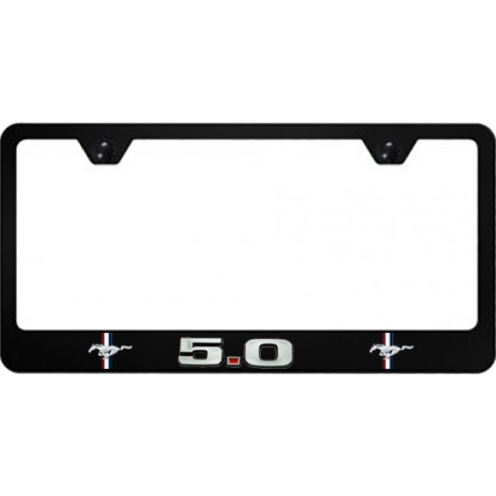 Black Metal License Plate Frame with 5.0 and two Pony + Bar Logos